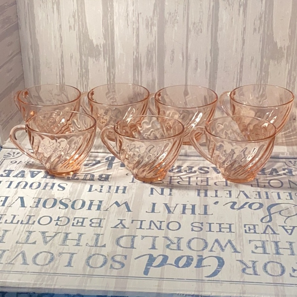 Vintage Arcoroc France Set of 7 Pink Rosaline Swirl Glass Teacups